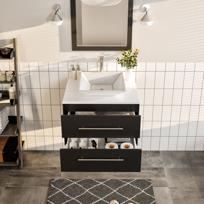 Eviva Totti Wave 24" Modern Bathroom Vanity in Espresso, Gray, or White, Finish with Super White Man-Made Stone Countertop and Porcelain Vessel Sink