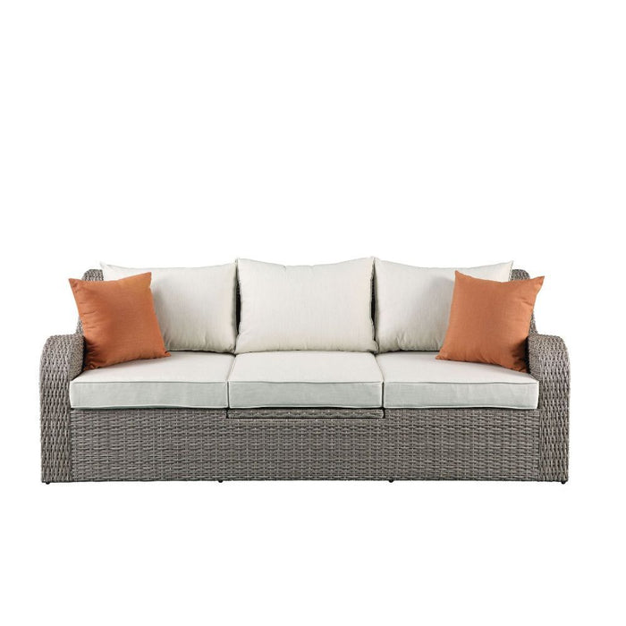 Acme Furniture Salena Patio Sofa W/2 Pillows & 2 Ottomans in Beige Fabric & Gray Wicker 45010