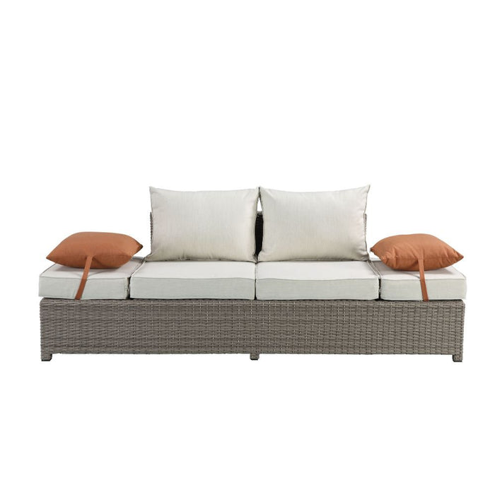 Acme Furniture Salena Patio Sofa W/2 Pillows & Ottoman in Beige Fabric & Gray Wicker 45015