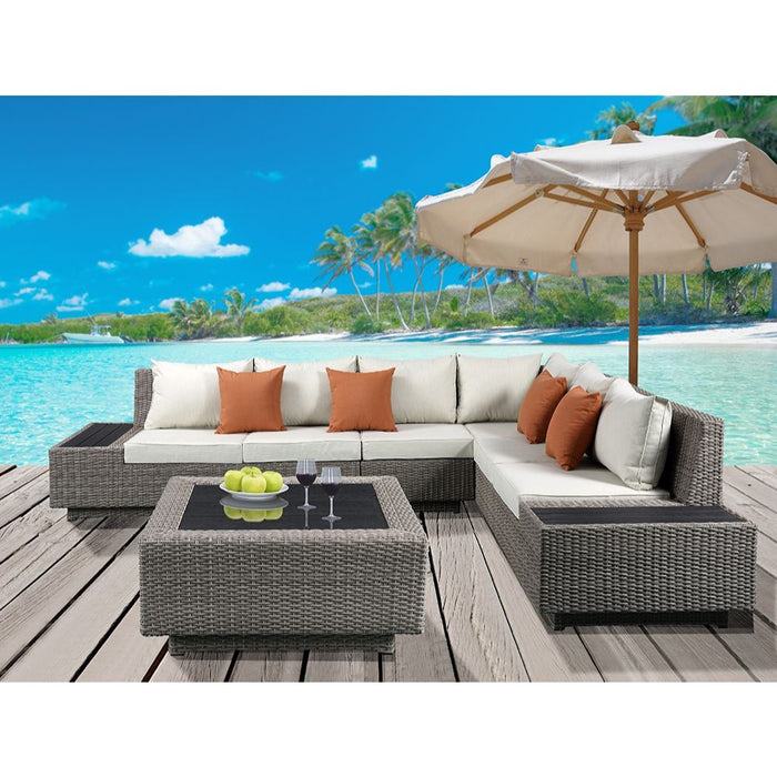 Acme Furniture Salena Patio Sectional Sofa With 4 Pillows & Coffee Table in Beige Fabric & Gray Wicker 45020