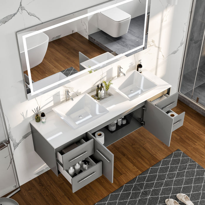 Eviva Totti Wave 60" Modern Double Sink Bathroom Vanity in Espresso, Gray, or White, Finish with Super White Man-Made Stone Countertop & Porcelain Vessel Sinks