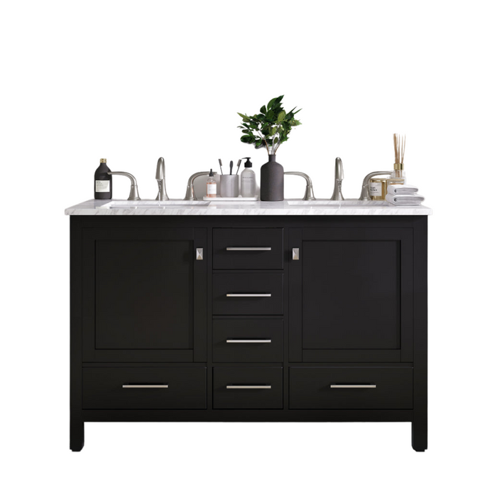 Eviva Aberdeen 48" Transitional Double Sink Bathroom Vanity in Espresso, Gray or White Finish with White Carrara Marble Countertop and Undermount Porcelain Sinks