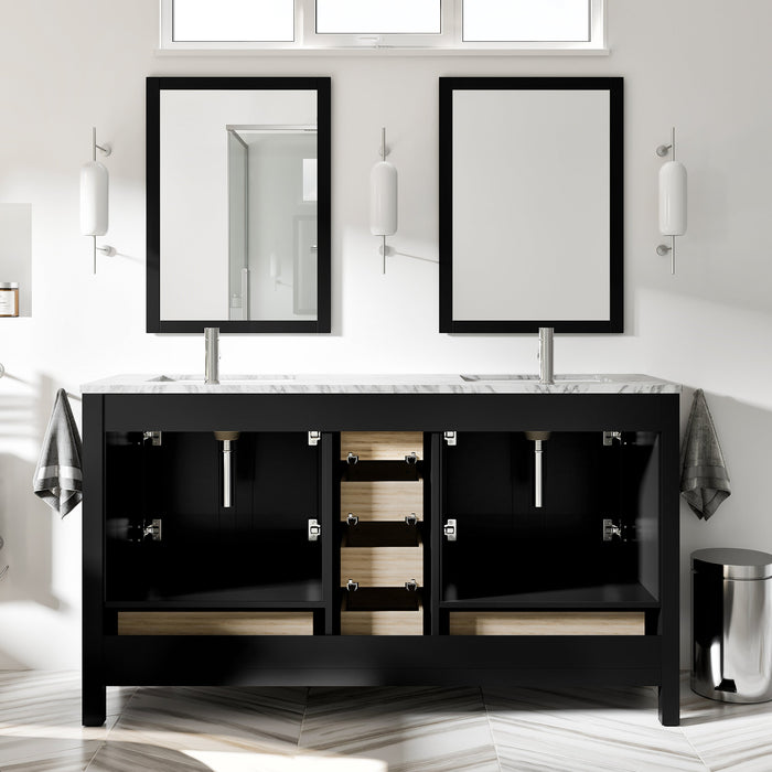 Eviva London 60" x 18" Transitional Double Sink Bathroom Vanity in Espresso, Gray or White Finish with White Carrara Marble Countertop and Undermount Porcelain Sinks