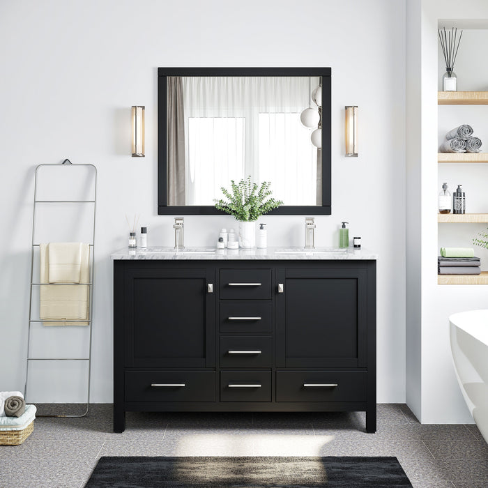 Eviva London 48" x 18" Transitional Double Sink Bathroom Vanity in Espresso, Gray or White Finish with White Carrara Marble Countertop and Undermount Porcelain Sinks