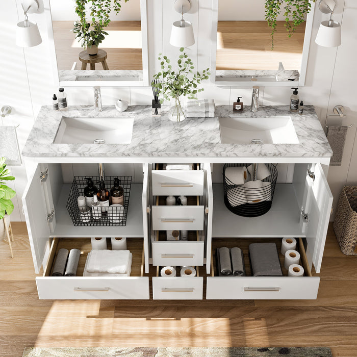 Eviva London 60" x 18" Transitional Double Sink Bathroom Vanity in Espresso, Gray or White Finish with White Carrara Marble Countertop and Undermount Porcelain Sinks