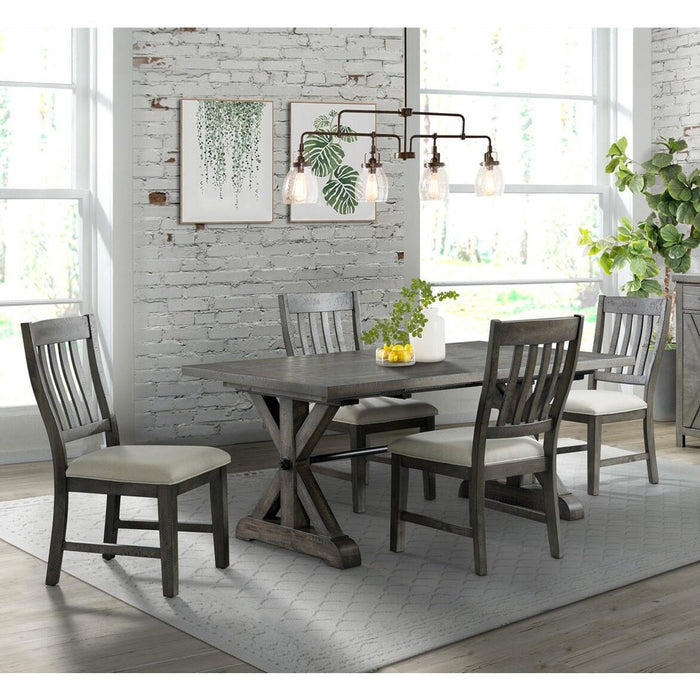 Sunset Trading Trestle 5 Piece Dining Set | 96" Rectangular Extendable Table | 4 Upholstered Side Chairs | Distressed Gray Wood | Seats 8 ED-SK100-170-5P