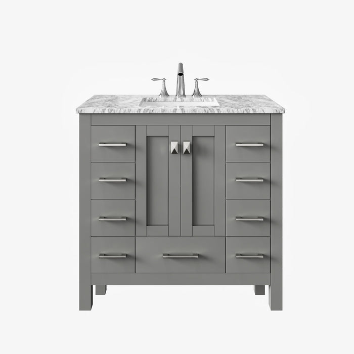 Eviva Hampton 36" Transitional Bathroom Vanity in Gray or White Finish with White Carrara Countertop and Undermount Porcelain Sink