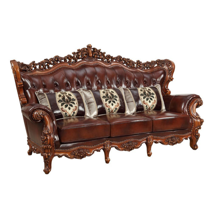 Acme Furniture Eustoma Sofa in Cherry Top Grain Leather Match & Walnut Finish 53065