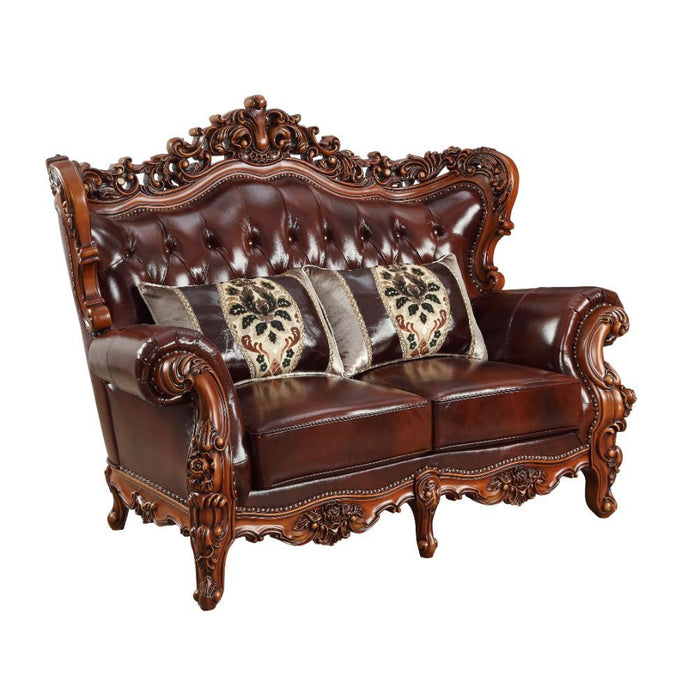 Acme Furniture Eustoma Loveseat in Cherry Top Grain Leather Match & Walnut Finish 53066