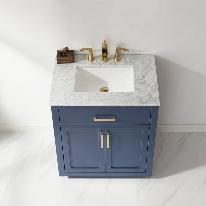Altair Design Ivy 30"" Single Bathroom Vanity Set in Royal Blue and Carrara White Marble Countertop