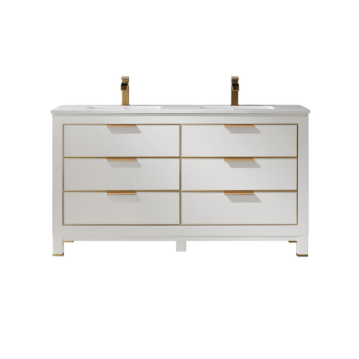 Altair Design Jackson 60"" Double Bathroom Vanity Set in White and Aosta White Composite Stone Countertop