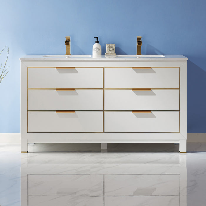 Altair Design Jackson 60"" Double Bathroom Vanity Set in White and Aosta White Composite Stone Countertop