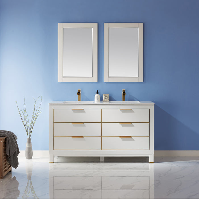 Altair Design Jackson 60"" Double Bathroom Vanity Set in White and Aosta White Composite Stone Countertop