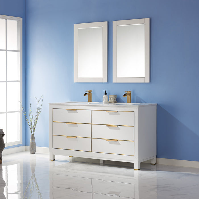 Altair Design Jackson 60"" Double Bathroom Vanity Set in White and Aosta White Composite Stone Countertop