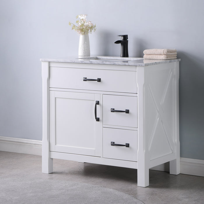 Altair Design Maribella 36"" Single Bathroom Vanity Set in White and Carrara White Marble Countertop