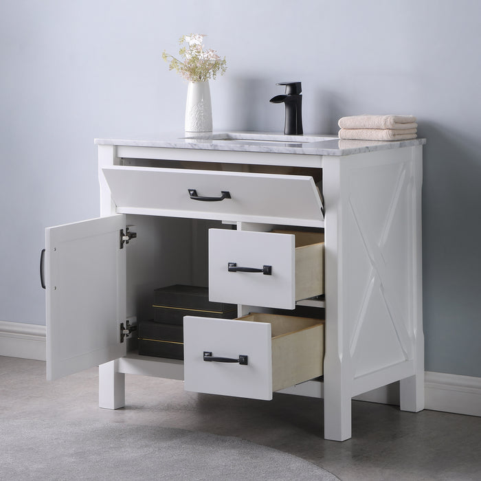 Altair Design Maribella 36"" Single Bathroom Vanity Set in White and Carrara White Marble Countertop
