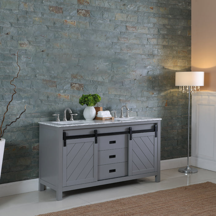Altair Design Kinsley 60"" Double Bathroom Vanity Set in Gray and Carrara White Marble Countertop