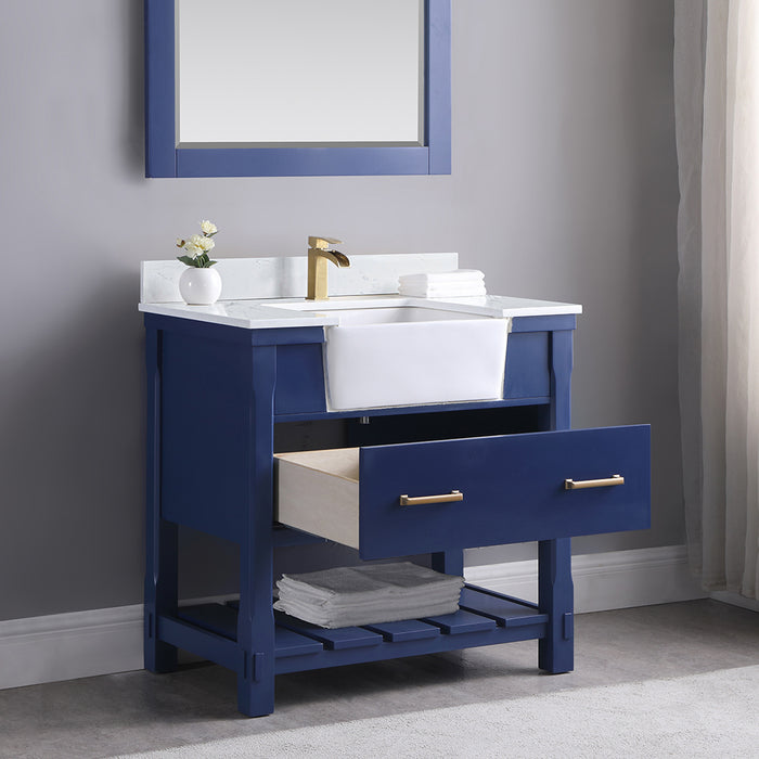 Altair Design Georgia 36"" Single Bathroom Vanity Set in Jewelry Blue and Aosta White Composite Stone Top with White Farmhouse Basin