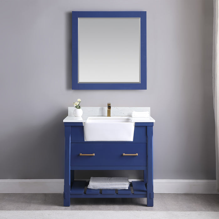 Altair Design Georgia 36"" Single Bathroom Vanity Set in Jewelry Blue and Aosta White Composite Stone Top with White Farmhouse Basin