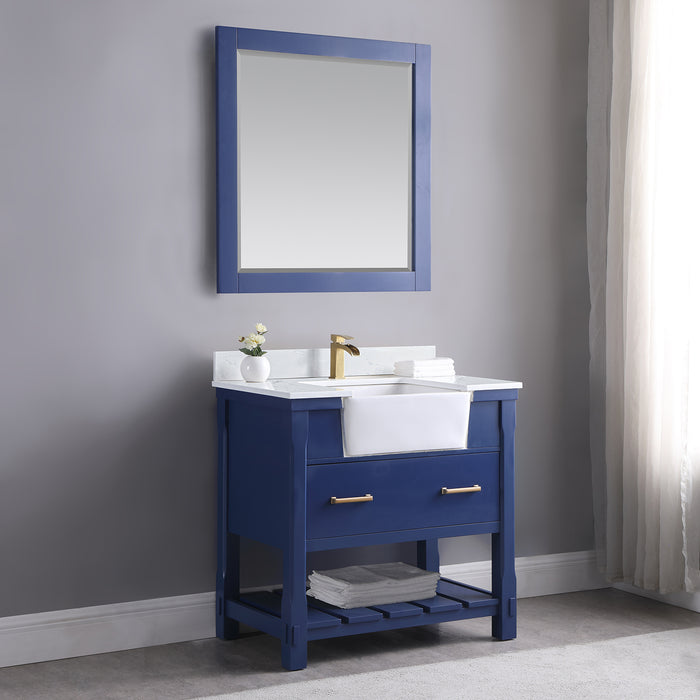 Altair Design Georgia 36"" Single Bathroom Vanity Set in Jewelry Blue and Aosta White Composite Stone Top with White Farmhouse Basin