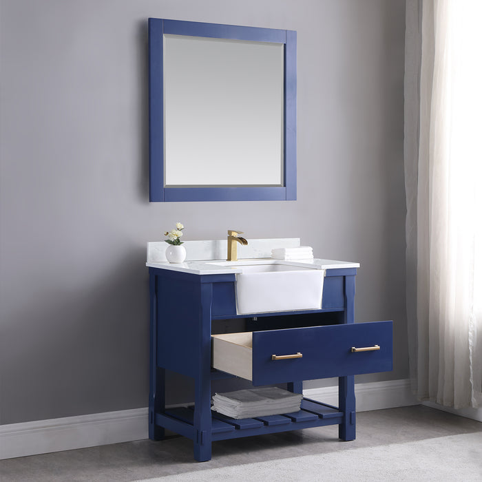 Altair Design Georgia 36"" Single Bathroom Vanity Set in Jewelry Blue and Aosta White Composite Stone Top with White Farmhouse Basin