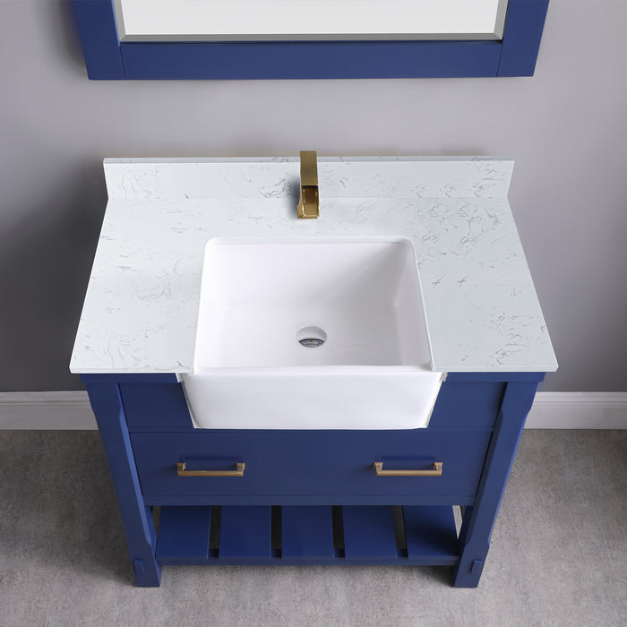 Altair Design Georgia 36"" Single Bathroom Vanity Set in Jewelry Blue and Aosta White Composite Stone Top with White Farmhouse Basin