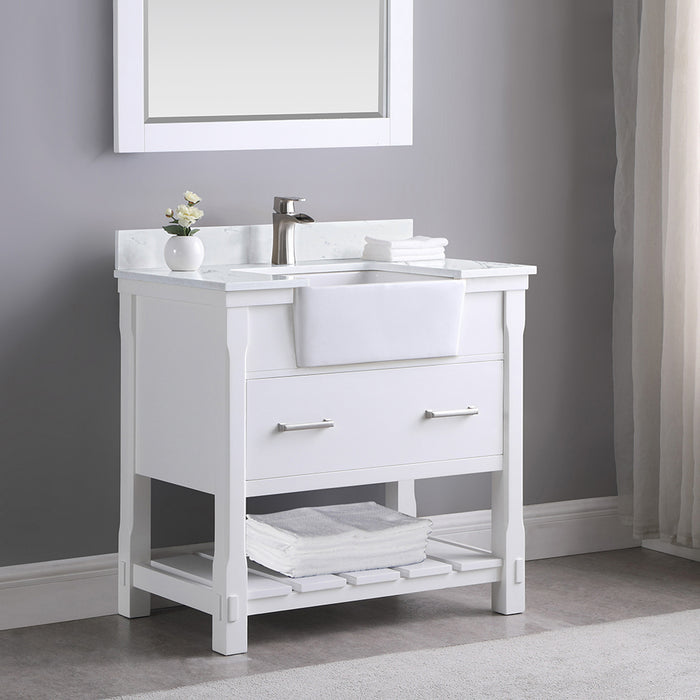 Altair Design Georgia 36"" Single Bathroom Vanity Set in White and Aosta White Composite Stone Top with White Farmhouse Basin