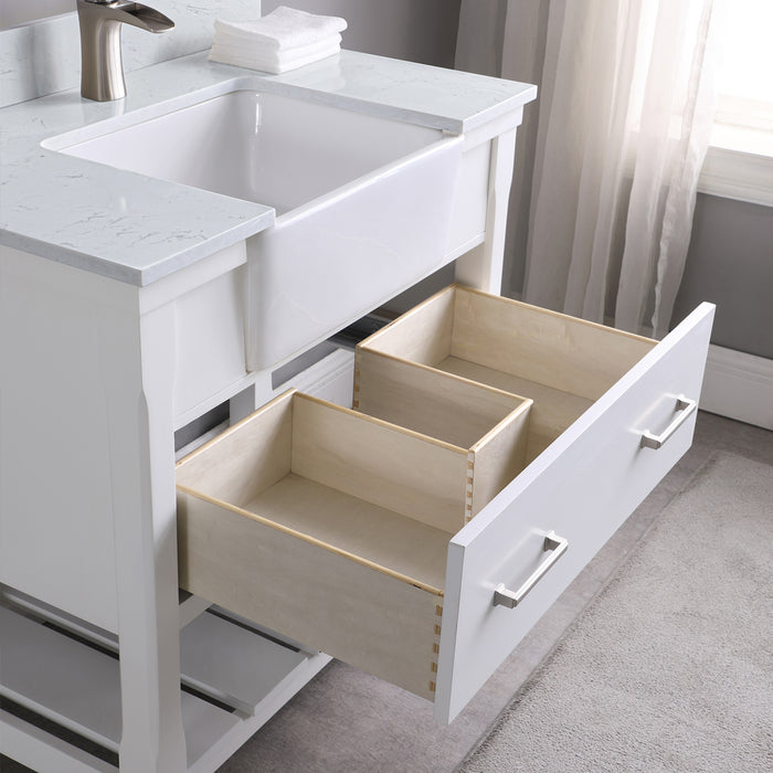 Altair Design Georgia 36"" Single Bathroom Vanity Set in White and Aosta White Composite Stone Top with White Farmhouse Basin