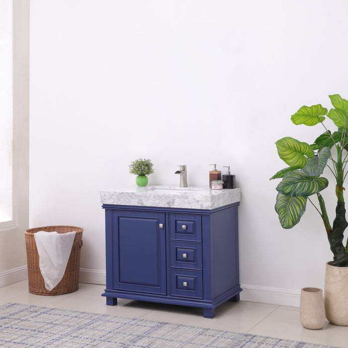 Altair Design Jardin 36"" Single Bathroom Vanity Set in Jewelry Blue and Carrara White Marble Countertop