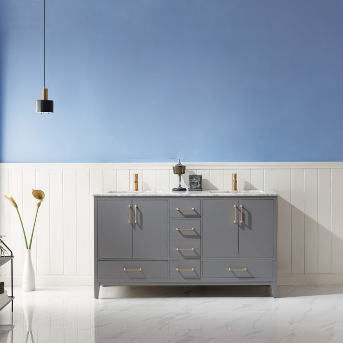 Altair Design Sutton 60"" Double Bathroom Vanity Set in Gray and Carrara White Marble Countertop
