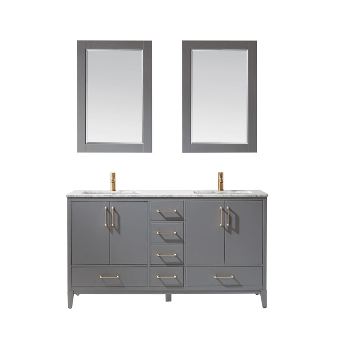 Altair Design Sutton 60"" Double Bathroom Vanity Set in Gray and Carrara White Marble Countertop