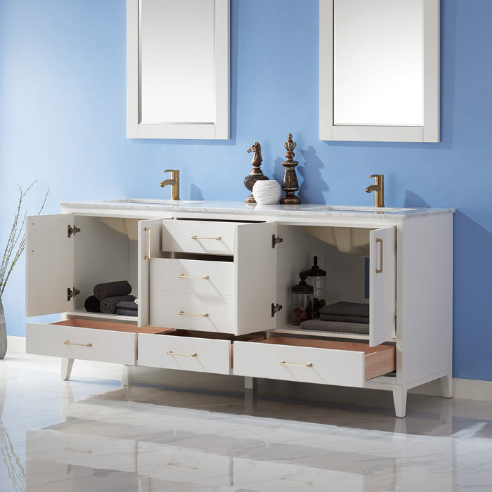 Altair Design Sutton 72"" Double Bathroom Vanity Set in White and Carrara White Marble Countertop