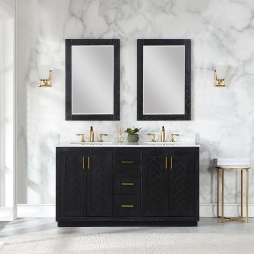 Altair Design Gazsi 60"" Double Bathroom Vanity Set in Black Oak with Grain White Composite Stone Countertop