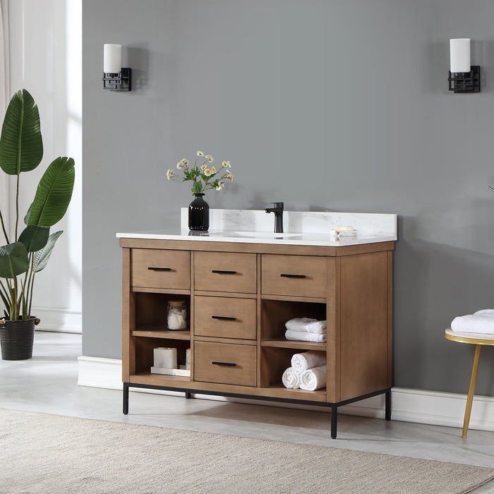 Altair Design Kesia 48"" Single Bathroom Vanity Set in Brown Pine with Aosta White Composite Stone Countertop