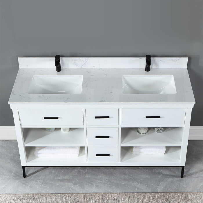 Altair Design Kesia 60"" Double Bathroom Vanity Set in White with Aosta White Composite Stone Countertop