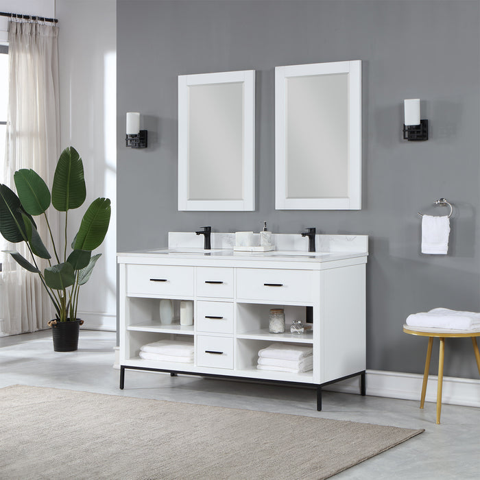 Altair Design Kesia 60"" Double Bathroom Vanity Set in White with Aosta White Composite Stone Countertop
