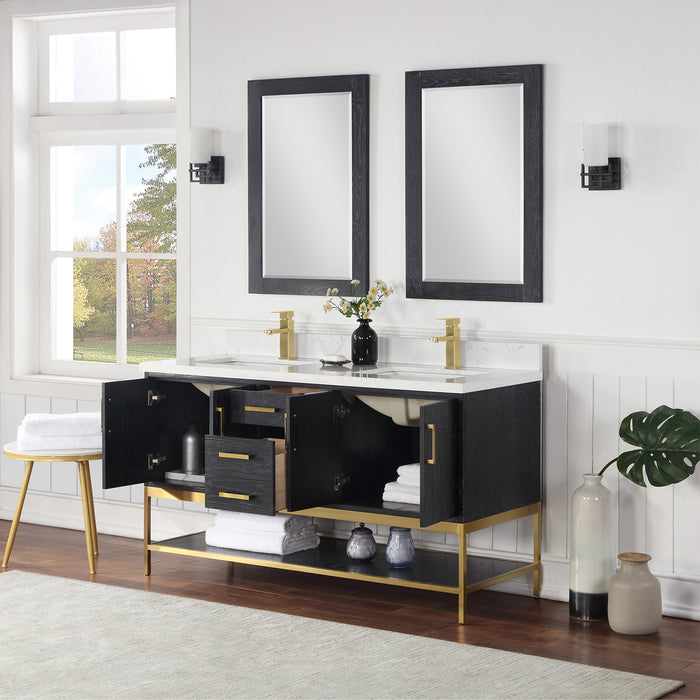 Altair Design Wildy 60"" Double Bathroom Vanity Set in Black Oak with Grain White Composite Stone Countertop