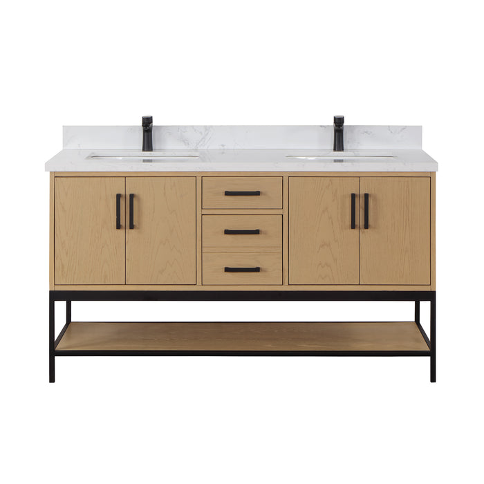 Altair Design Wildy 60"" Double Bathroom Vanity Set in Washed Oak with Grain White Composite Stone Countertop