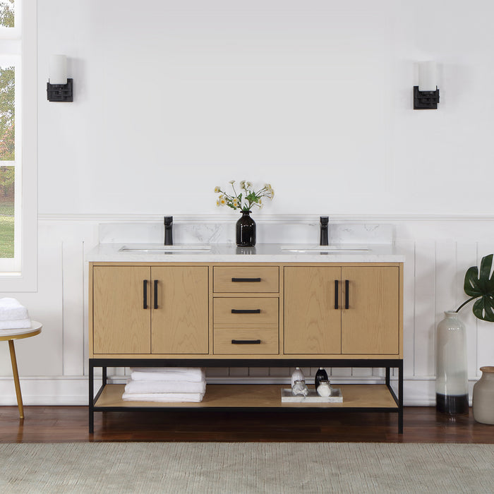 Altair Design Wildy 60"" Double Bathroom Vanity Set in Washed Oak with Grain White Composite Stone Countertop