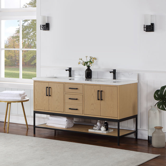 Altair Design Wildy 60"" Double Bathroom Vanity Set in Washed Oak with Grain White Composite Stone Countertop