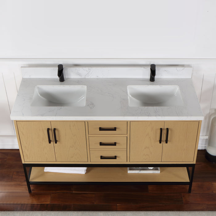 Altair Design Wildy 60"" Double Bathroom Vanity Set in Washed Oak with Grain White Composite Stone Countertop