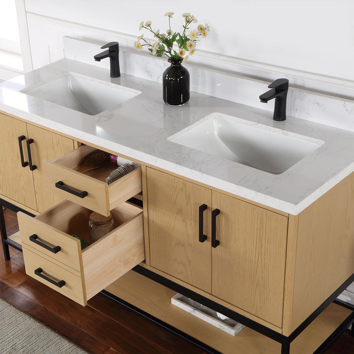 Altair Design Wildy 60"" Double Bathroom Vanity Set in Washed Oak with Grain White Composite Stone Countertop