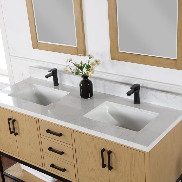 Altair Design Wildy 60"" Double Bathroom Vanity Set in Washed Oak with Grain White Composite Stone Countertop