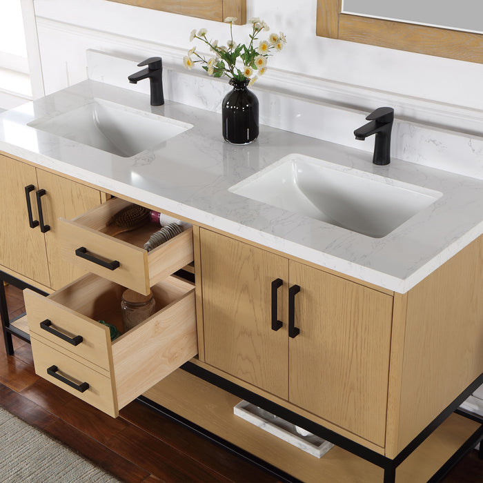 Altair Design Wildy 60"" Double Bathroom Vanity Set in Washed Oak with Grain White Composite Stone Countertop