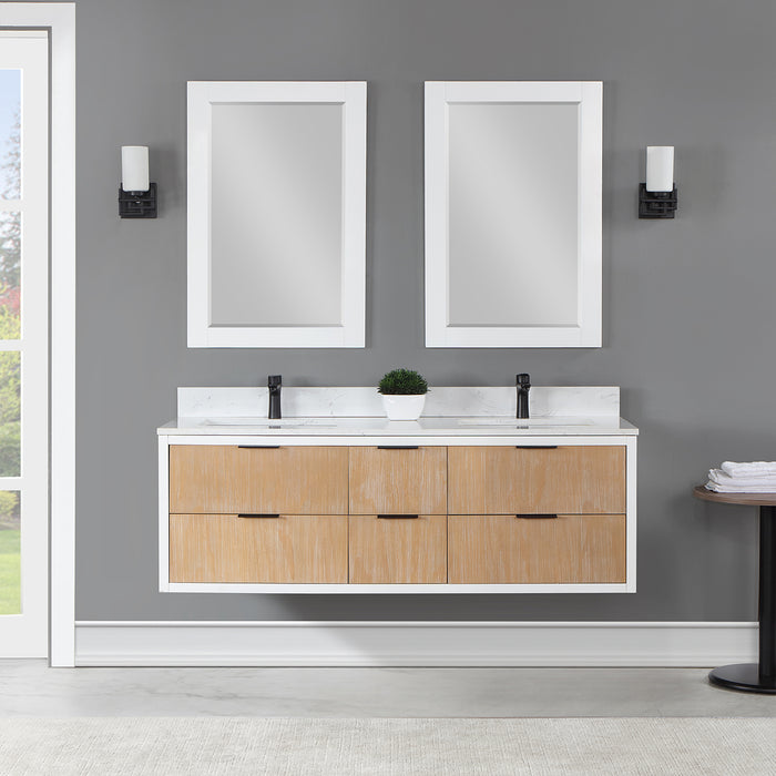 Altair Design Dione 60"" Double Bathroom Vanity in Weathered Pine with Aosta White Composite Stone Countertop