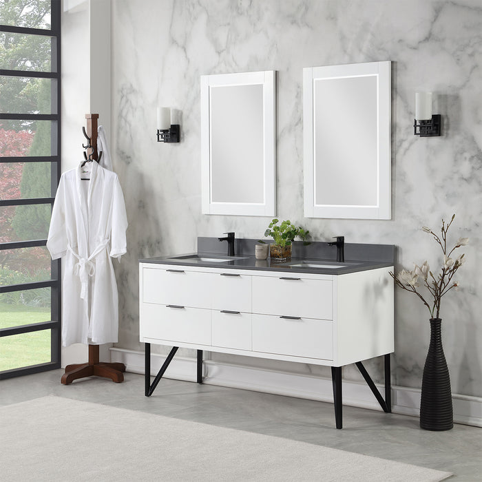 Altair Design Helios 60"" Double Bathroom Vanity in White with Concrete Gray Composite Stone Countertop