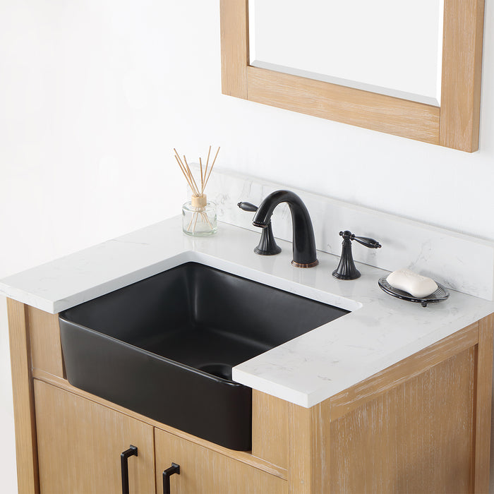 Altair Design Novago 30"" Single Bathroom Vanity in Weathered Pine with Aosta White Composite Stone Countertop and Farmhouse Sink