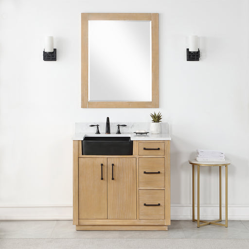 Altair Design Novago 36"" Single Bathroom Vanity in Weathered Pine with Aosta White Composite Stone Countertop and Farmhouse Sink