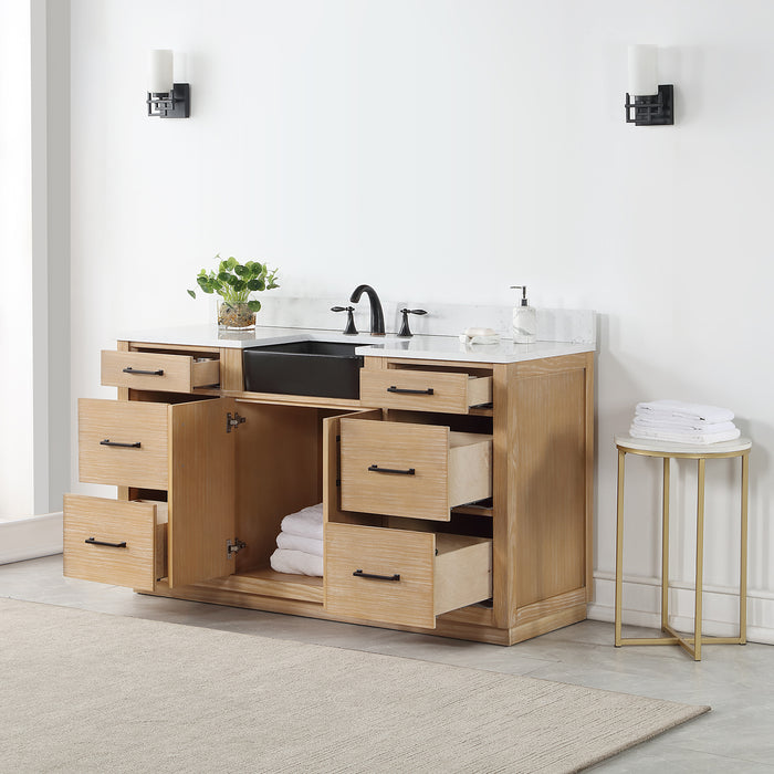 Altair Design Novago 60"" Single Bathroom Vanity in Weathered Pine with Aosta White Composite Stone Countertop and Farmhouse Sink