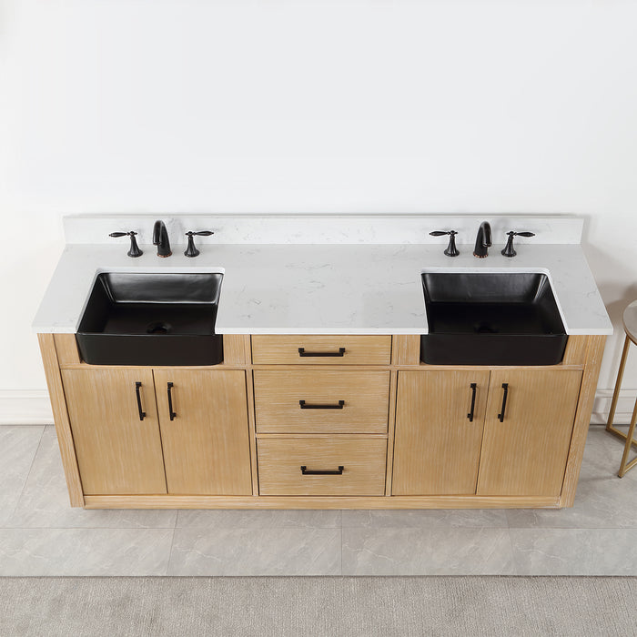 Altair Design Novago 72"" Double Bathroom Vanity in Weathered Pine with Aosta White Composite Stone Countertop and Farmhouse Sink